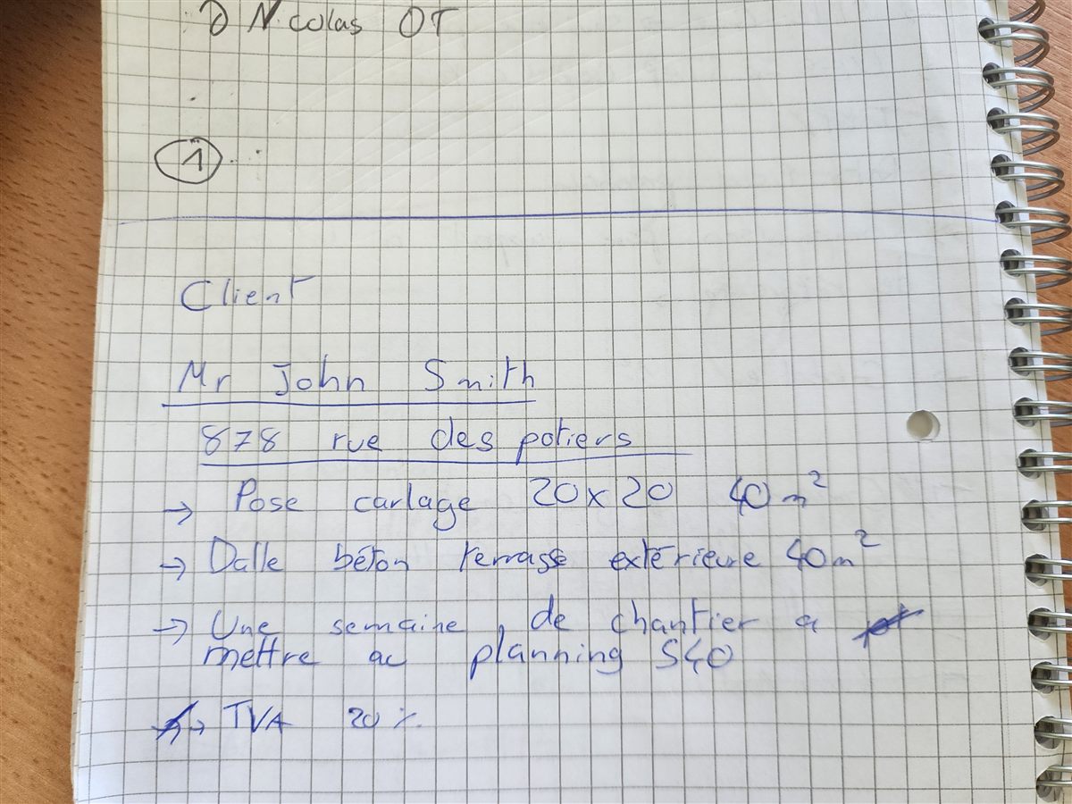 Note manuscrite de démonstration : terrasse 40 m², dalle béton, carrelage 20 × 20, semaine 40, TVA 20 %.